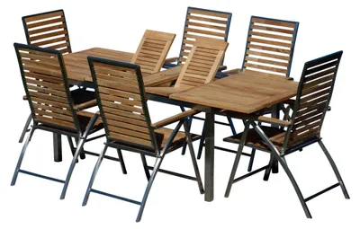 Produktbild von ALEOS. Gartengarnitur Edelstahl Teak Set: Ausziehtisch 160 auf 220 cm + 6 Teak-Edelstahl Hochlehner, Sitzgruppe A-Grade Teak Holz - Gartenmöbel Set 6 Personen Gastronomie Qualität