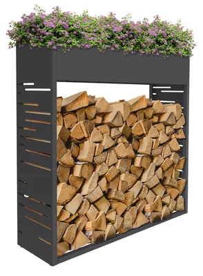 Obrázek produktu pro Regál na dřevo ML-Design, vhodný pro vnitřní i venkovní použití, s integrovaným květináčem, kovový regál na palivo, pomůcka pro skladování dřeva, odolný vůči povětrnostním vlivům, určený pro skladování dřeva, ocel, antracitová barva, rozměry 112x30x111 cm