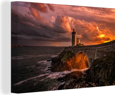 Produktbild von OneMillionCanvasses® - Leinwandbilder - 140x90 cm, Sonnenuntergang mit einem Leuchtturm in der Bretagne, Wandbilder Kunstdruck Wanddekoration