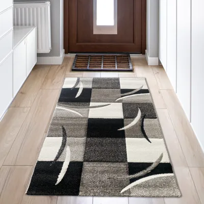 Image de Tapis design, tapis moderne, tapis de salon, tapis à poils courts, tapis à découpe, motif à carreaux, gris, blanc, noir, dimensions : 80 x 150 cm