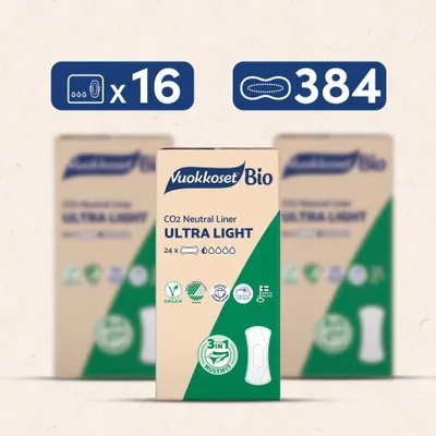 Zdjęcie produktu dla ZAPAS Wkładek BIO ULTRA LIGHT 384 szt. Vuokkoset| 100% Bio-Bawełna | Biodegradowalne, Ultra Cienkie | Hipoalergiczna Dyskrecja