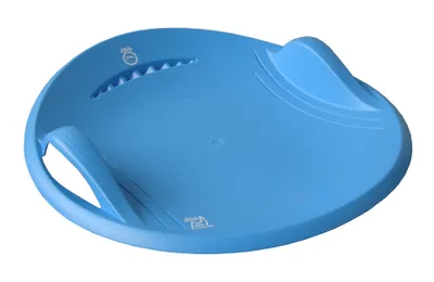 A blue plastic saucer sled on a white background.