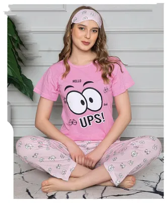 Produktbild von 6 PDamen Pyjama Schlafanzug Rosa L Kurz 3-Teiler Set mit Augenband L-72
