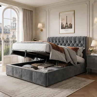 Imagen del producto de Cama tapizada Zerbaco, con sistema hidráulico, con espacio de almacenamiento y cajón, 140x200 cm, cama de matrimonio, color gris, tapizada en terciopelo, sin colchón, con somier, Imagen generada por IA