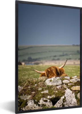 Produktbild von MuchoWow® Gerahmtes Poster Schottische Highlander - Steine - Gras 20x30 cm - Poster mit Schwarzem Bilderrahmen Wandposter Rahmen Foto Bilder - Drucken - Bilder Poster im Rahmen