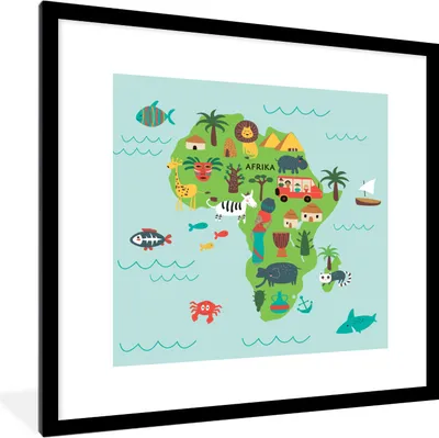 Produktbild von MuchoWow® MuchoWow® Gerahmtes Poster Weltkarte Kinder - Tiere - Afrika 40x40 cm - Poster mit zchwarzem Bilderrahmen - Poster - Plakat im Rahmen