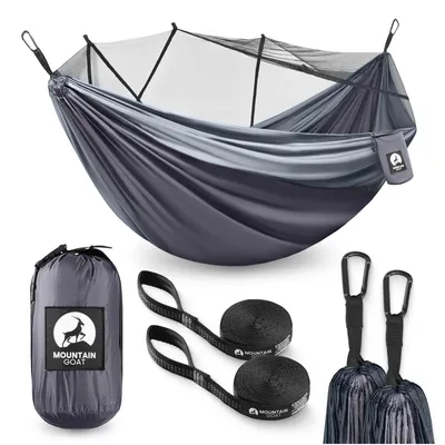 Produktbild von MOUNTAIN GOAT Trekking-Hängematte mit Moskitonetz, 2 Personen, inkl. Gurte und Karabiner, grau-graphit