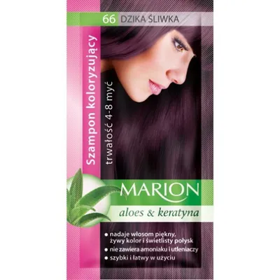 A marketing image for a hair coloring shampoo, featuring a model with colored hair and product details.