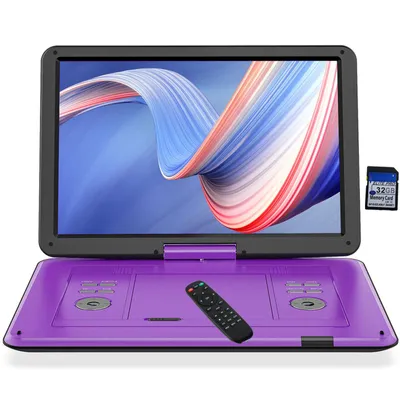Image de 17.lecteur de DVD portable 5" avec écran rotatif 15.6" pour la voiture et les enfants avec chargeur de voiture et adaptateur AC pour transfert USB/carte SD/AV, Sync TV &32G
