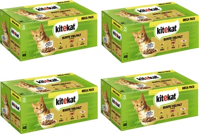 Produktbild von KITEKAT™ Multipack Portionsbeutel Bunte Vielfalt 3 Varietäten Huhn, Rind, Lachs in Sauce 4 x 48 x 85g