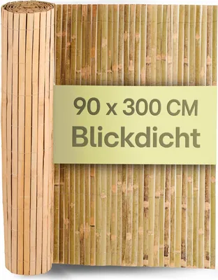 A rolled-up bamboo privacy screen is shown next to a partially unrolled screen with text overlay.