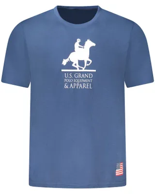 Immagine prodotto di Maglietta polo da uomo blu: maniche corte, colletto rotondo, stampa e logo alla moda