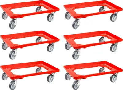 Produktbild von SparSet 6x Transportroller für Euroboxen 60x40cm mit Gummiräder rot | Offenes Deck | 4 Lenkrollen | Traglast 300kg | Kistenroller Logistikroller Rollwagen Profi-Fahrgestell