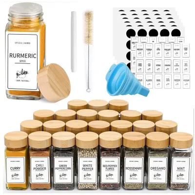 Obrázok produktu pre Sklenené dózy na korenie, 25 ks, 4 unce, bambusové viečko, 120 štítkov, do kuchyne