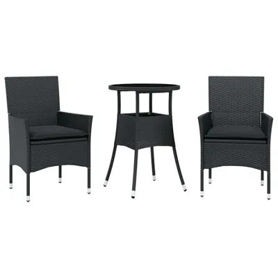Immagine prodotto di vidaXL set da pranzo da giardino a 3 pezzi con cuscini in vetro nero poli rattan