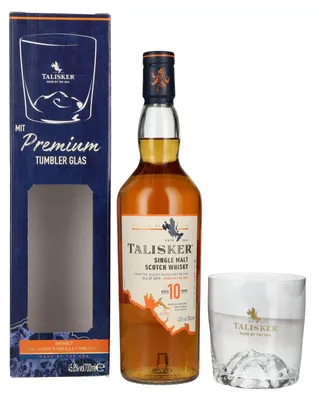 Produktbild von Talisker 10 Years Old Single Malt Scotch Whisky 45,8% Vol. 0,7l in Geschenkbox mit Tumbler Glas