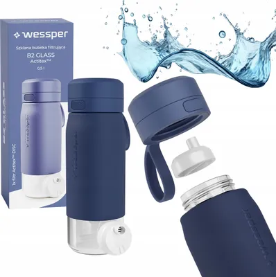 Immagine prodotto di Bottiglia di vetro Wessper 500ml, tappo filtro acqua in silicone senza BPA, blu