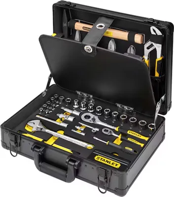 An open black tool case with various tools neatly arranged inside.