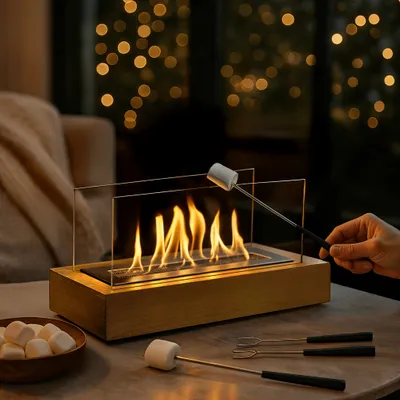 Produktbild von Double T Concept® Indoor Feuersäule Dekokamin Tischkamin Dekofeuer Tischfeuer Terrassenkamin Juno Natural Bioethanol Holz Feuersäule Lagerfeuer