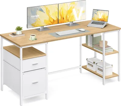 Produktbild von VASAGLE Schreibtisch mit 3 Ablagen, Bürotisch mit 2 Schubladen, 160 x 60 x 76 cm, moderner Stil, eichenfarben-weiß