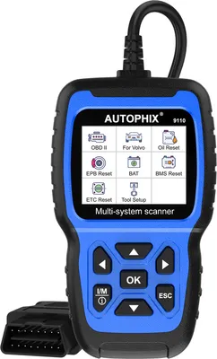 A handheld car diagnostic scanner with a screen displaying various functions.