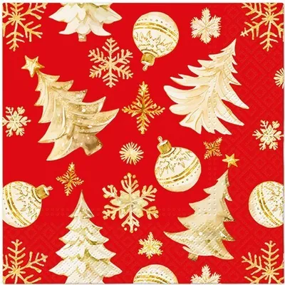 Produktbild von 20 Servietten Golden Christmas Trees red - Weihnachtsornamente gold auf rot 33x33cm