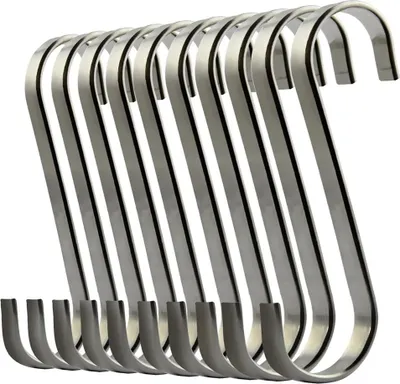 A group of ten silver S-hooks are arranged in a row against a white background.
