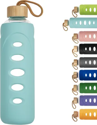 Obrázok produktu pre Fľaša na pitie 1000 ml, borosilikátové sklo, so silikónovým puzdrom, pre šport