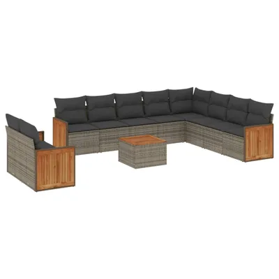 Produktbild von Modulare Garten-Sofagarnitur, 11-teilig, mit Stauraum, wasserabweisendem Beutel, Poly Rattan Grau, Akazienholz-Tischplatte, UV-beständig