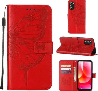 Produktbild von Moto G 5G 2022 Hülle, Schmetterling Prägung Flip Leder Kartenfächer Schutzhülle Ledertasche mit Ständer für Motorola Moto G 5G 2022 Rot