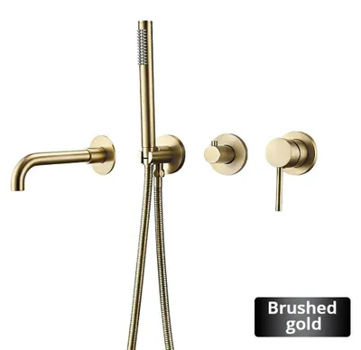 Produktbild von Wandmontage Duschset - Unterputz Duscharmatur - 2-Wege Umsteller - Messing - 150 cm Brauseschlauch - 21 cm Auslauf, Stangenbrause - Gebürstetes Gold