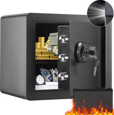 A safe filled with gold bars, stacks of money, and watches, with a digital lock and key.