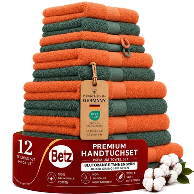 Produktbild von Betz 12-tlg. Handtuch-Set PREMIUM 2 Duschtücher 4 Handtücher 2 Gästetücher 2 Seiftücher 2 Waschhandschuhe Farbe: blutorange / tannengrün