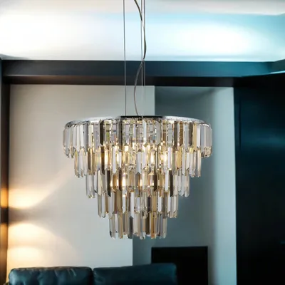 Produktbild von Kronleuchter Kristall Rauchglas Metall E14 rund Ø 65 cm H: max. 170 cm Chrom Rauchgrau Bernstein Art Déco