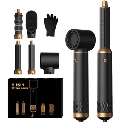 Image de Sèche-cheveux multifonction UKLISS 5-en-1, noir, avec technologie Coanda, 1000 W, double tension, ions, 5 embouts inclus, sans logo