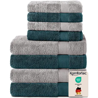 Produktbild von Komfortec 8er Handtuch Set aus 100% Baumwolle, 4 Badetücher 70x140 und 4 Handtücher 50x100 cm, Frottee , Weich,Groß, Silber/Petrol