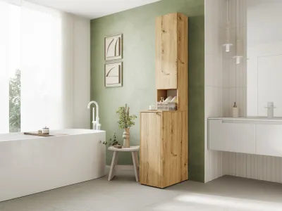 Produktbild von Badezimmerschrank LORA 210 x 33 x 56 cm hoch, Aufbewahrungsschrank mit Regalen, Hochschrank Badezimmer Golden Eiche