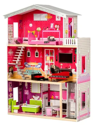 Imagen del producto de Casita de muñecas Malibu ECOTOYS – de 3 plantas con ascensor, incluye 10 piezas de mobiliario