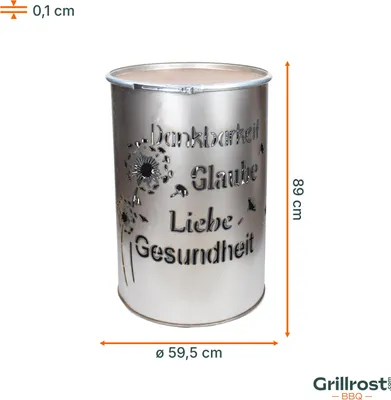 A silver metal barrel with cut-out designs and text, shown with dimensions indicated.