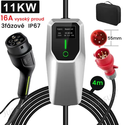 Obrázek produktu pro Hexinex Typ 2, mobilní nabíjecí stanice pro elektromobily, 11 kW, 4 metry nabíjecího kabelu {5-pinový, 6–16 A}, konektor CEE, 380 V, LCD displej