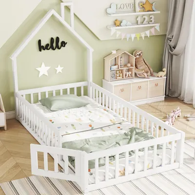 Zdjęcie produktu dla Łóżko dziecięce z kominem i stelażem z listew, wykonane z drewna sosnowego, styl minimalistyczny, białe, 90×200 cm