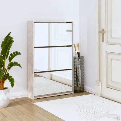 Produktbild von The Living Store Schuhschrank mit Spiegel 3 Fächer Betongrau 63x17x102,5 cm