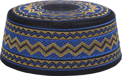 Immagine prodotto di Cappello Kufi da uomo ricamato a forma di preghiera arrotondata per le preghiere di matrimonio Eid Cerimonie religiose Blu Circonferenza della testa 58 cm / 22.83in