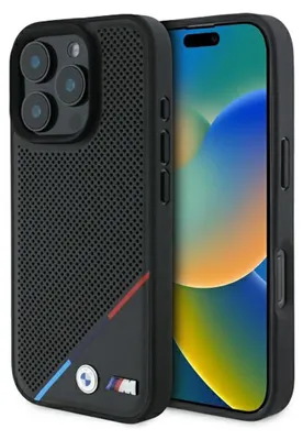 A black iPhone case with BMW M branding and a portion of an iPhone screen visible.