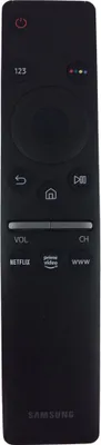 A black Samsung remote control is shown against a black background.