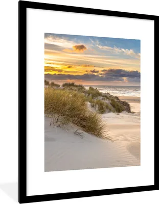 Produktbild von MuchoWow® Gerahmtes Poster Strand - Düne - Gras - Sonnenuntergang - Meer 60x80 cm - Poster mit Schwarzem Bilderrahmen Wandposter Rahmen Foto Bilder - Wohnzimmer - Dekorationen - Prämie