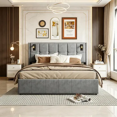 Immagine prodotto di INONEFT, Letto con rete a molle, imbottito con spazio contenitore, 160 x 200 cm, letto matrimoniale con sistema di sollevamento idraulico, letto per adolescenti, letto multifunzionale, in velluto, grigio