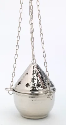 Produktbild von Weihrauchfass mit Kette zum Hängen aus Messing vernickelt Silber Höhe 14 cm mit Innenschale aus Stahl für die Räucherkohle