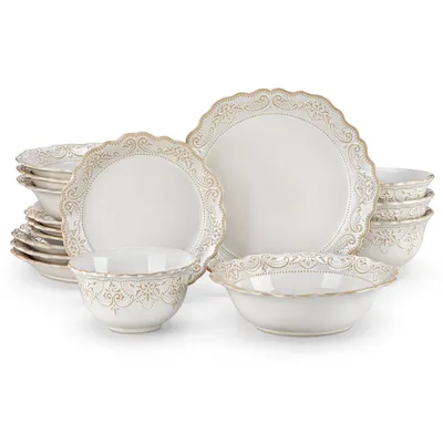 Image de Service de table en céramique stoneware, 16 pièces, service combiné avec assiettes plates, assiettes à gâteaux, assiettes à soupe et bols pour 4 personnes, blanc