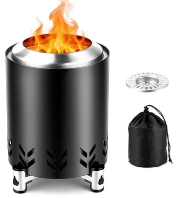 Produktbild von Tragbare Feuerschale Edelstahl 14cm Ø x 20cm H Schwarz Rauchfrei mit Ständer & Tragetasche
